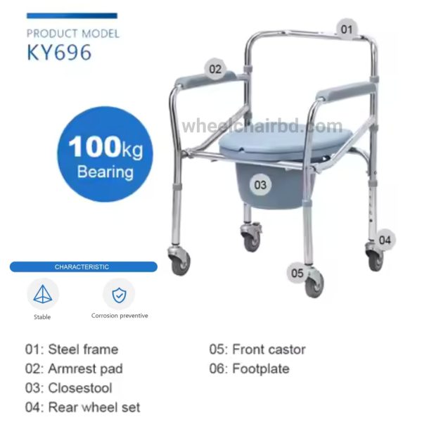 Kaiyang KY696 Fixed grey plastic armrest Chromed Steel Commode Wheelchair - Image 8